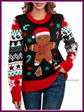 Ugly Christmas Sweater Women Funny Gingerbread Pullover Knit Crew Neck